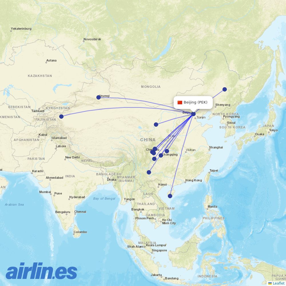 Sichuan Airlines from Beijing Capital International Airport destination map
