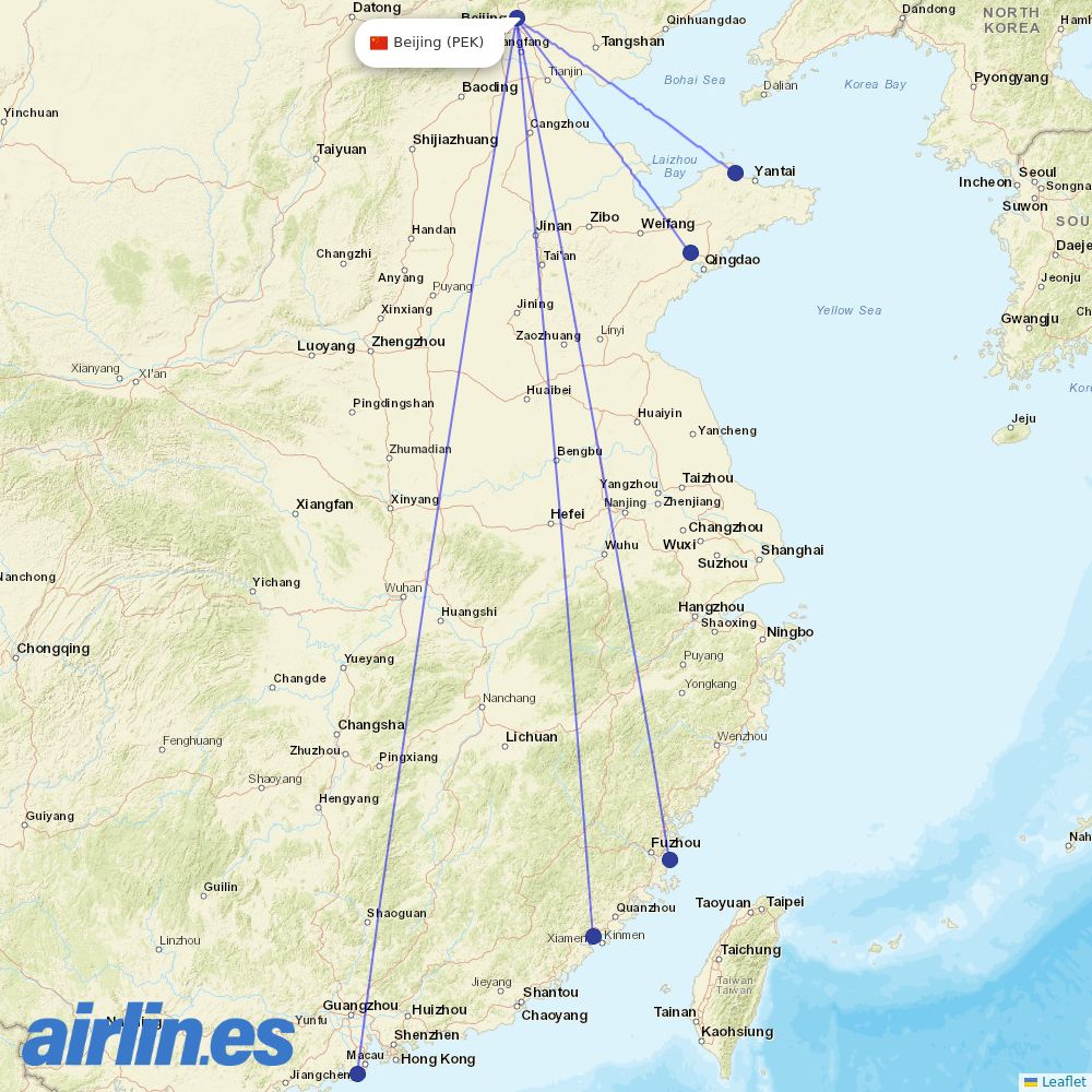 Shandong Airlines at PEK route map