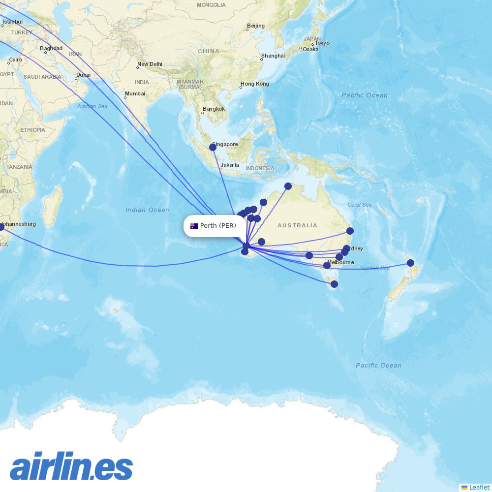 Qantas from Perth International destination map