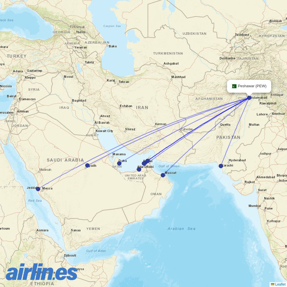 Etihad Airways from Peshawar destination map