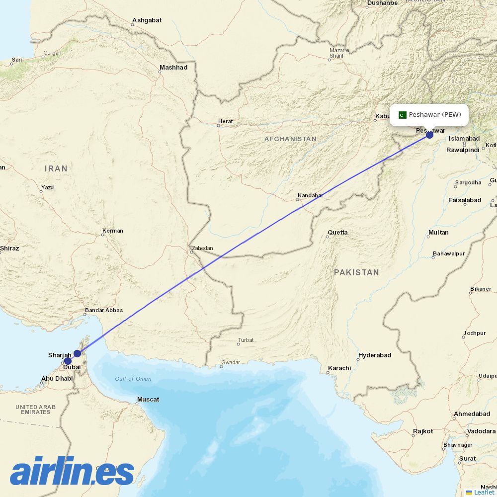 Air Arabia from Peshawar destination map
