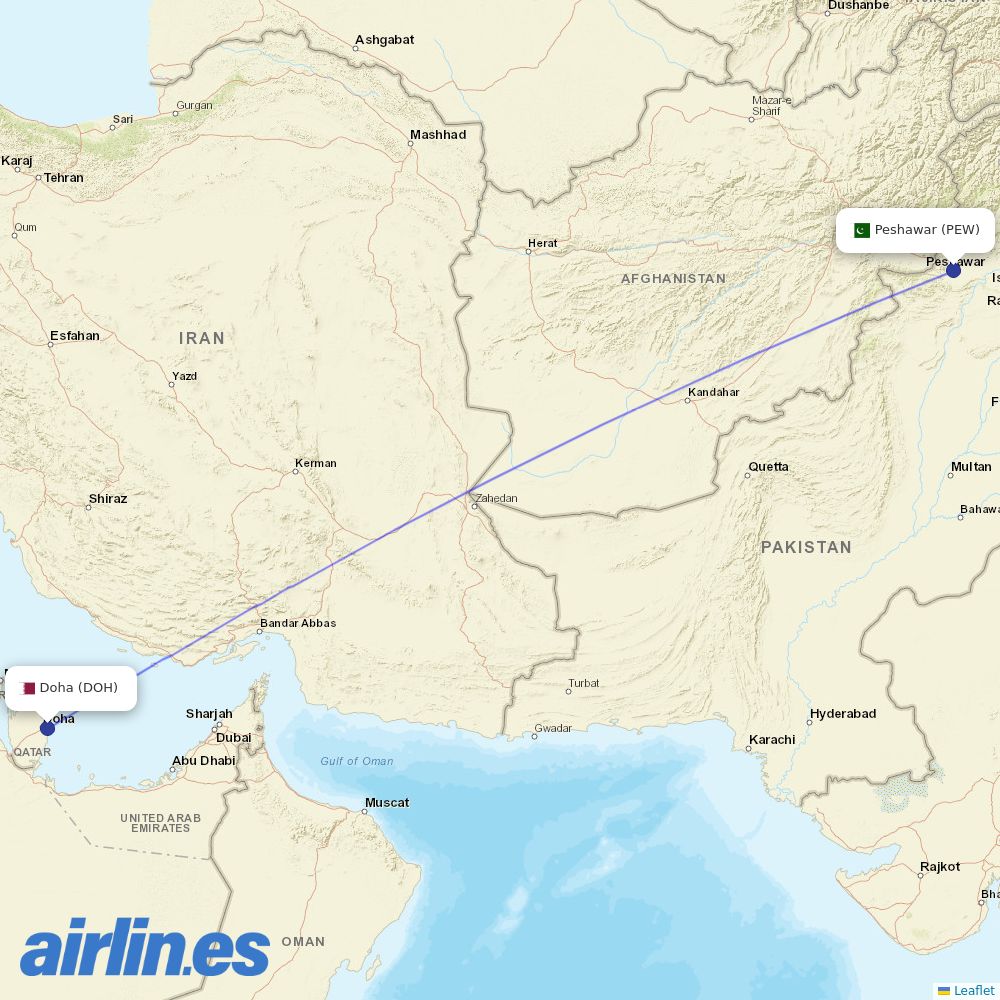 Qatar Airways from Peshawar destination map
