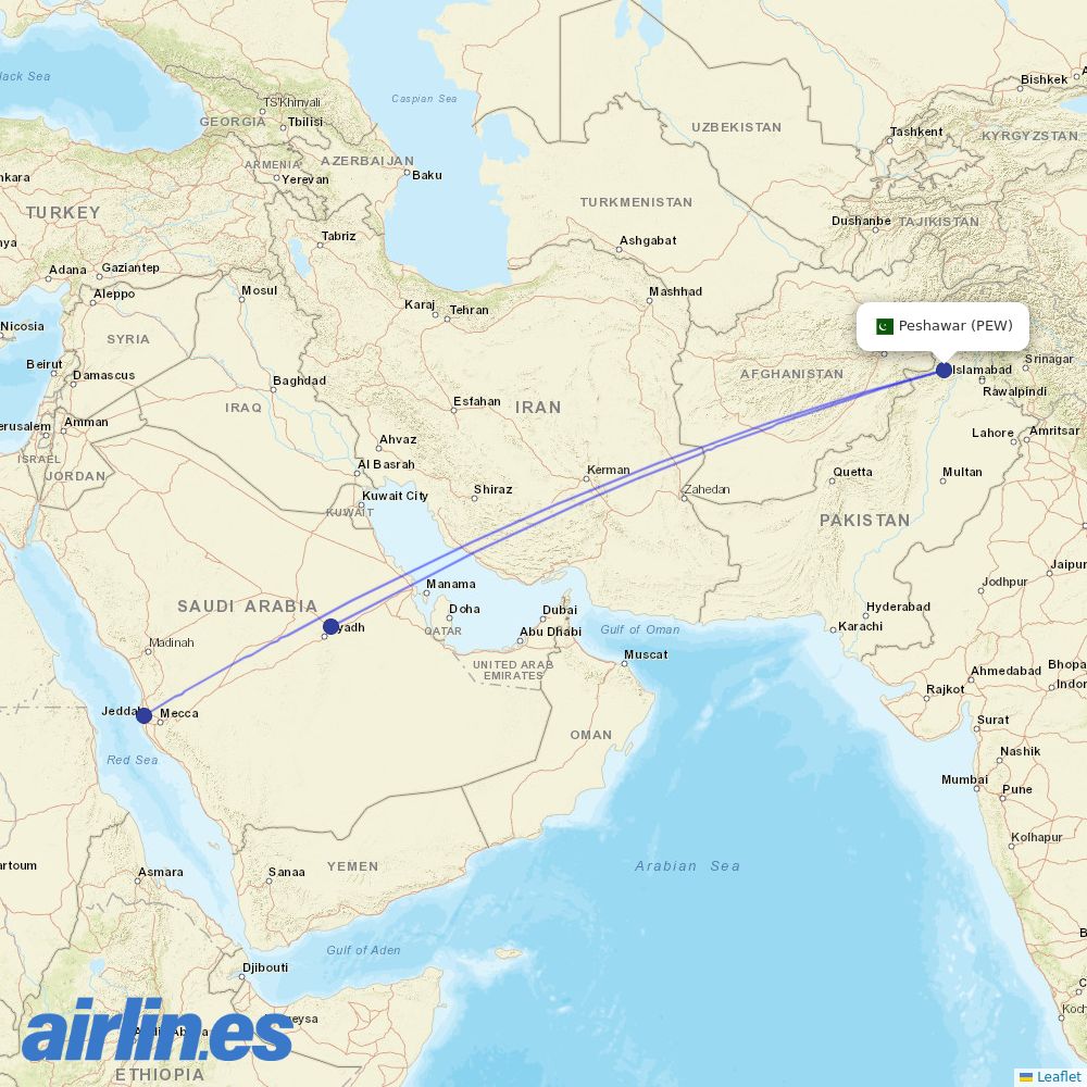 Saudia from Peshawar destination map