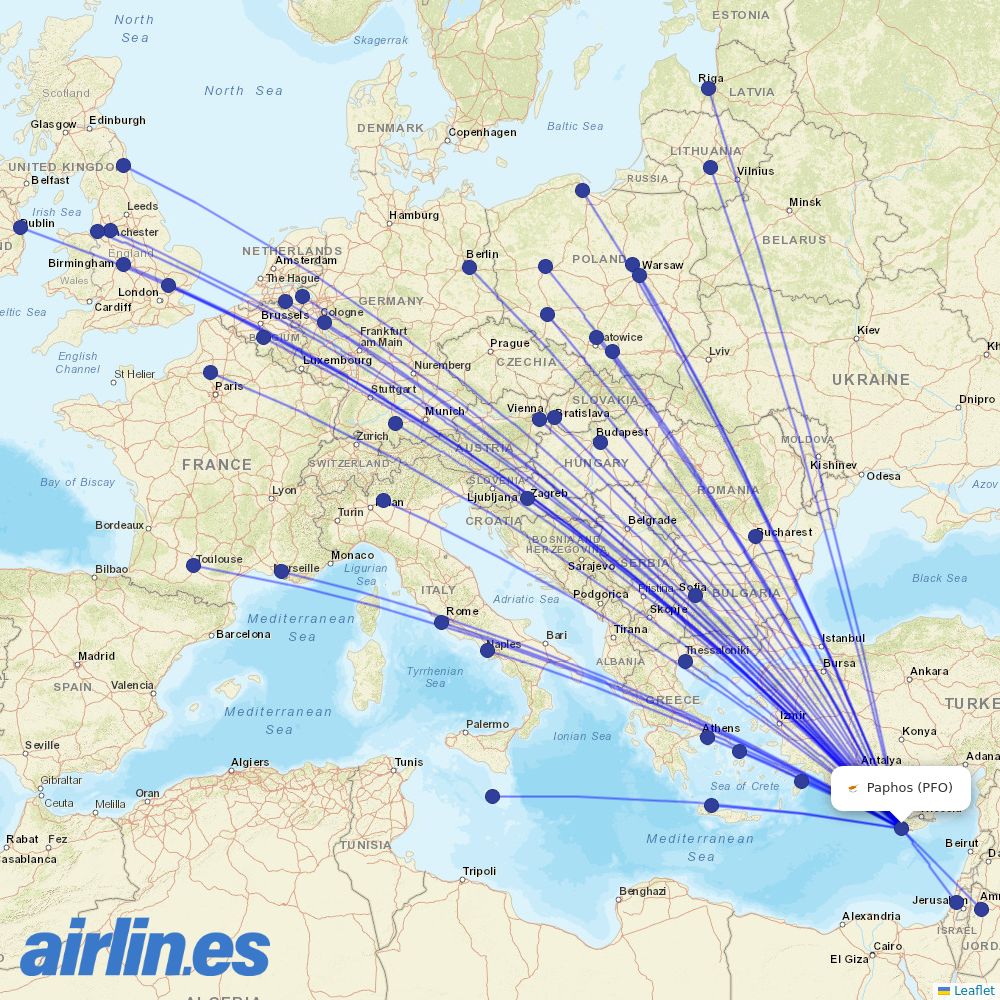 Ryanair from Paphos International Airport destination map