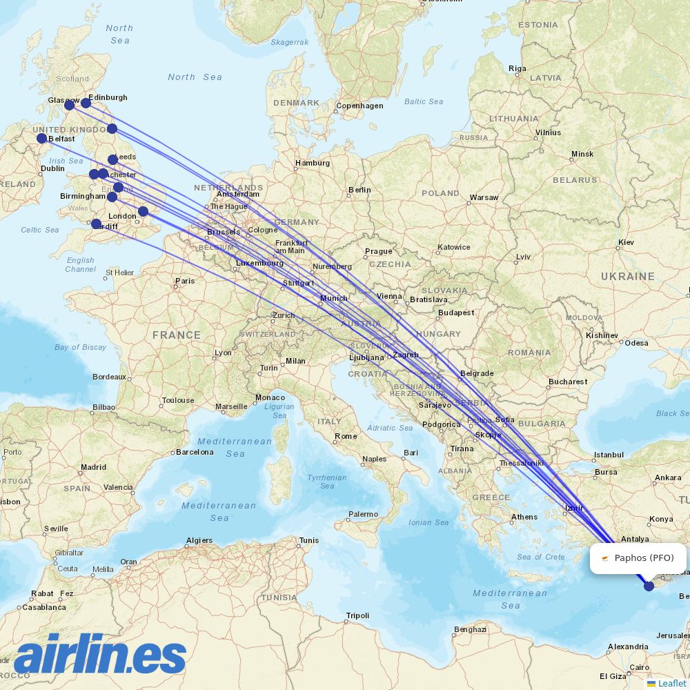 Jet2 from Paphos International Airport destination map