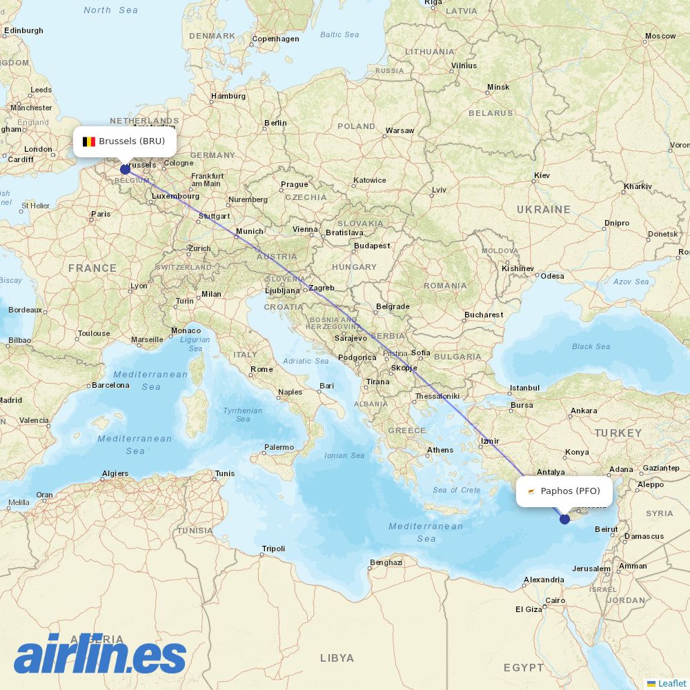 TUI fly Belgium from Paphos International Airport destination map