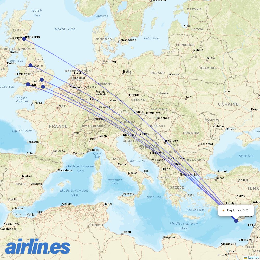 easyJet from Paphos International Airport destination map