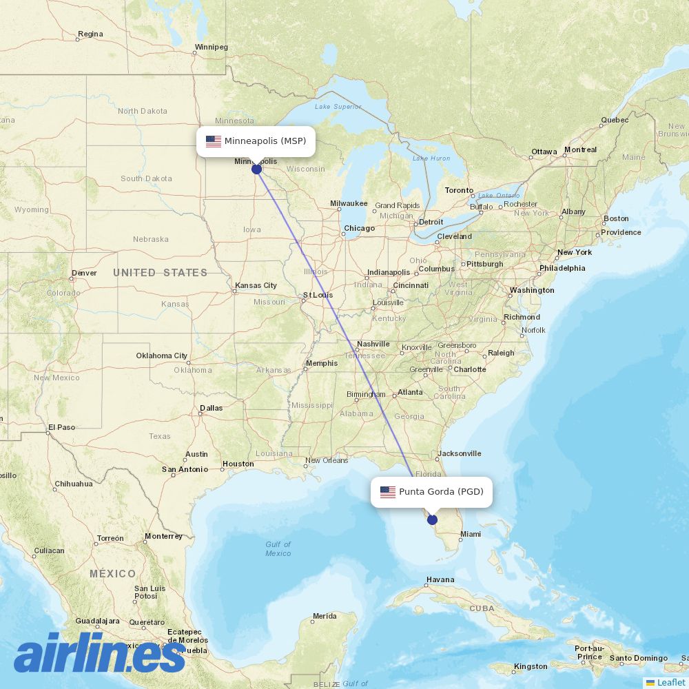 Sun Country Airlines from Charlotte County-Punta Gorda Airport destination map