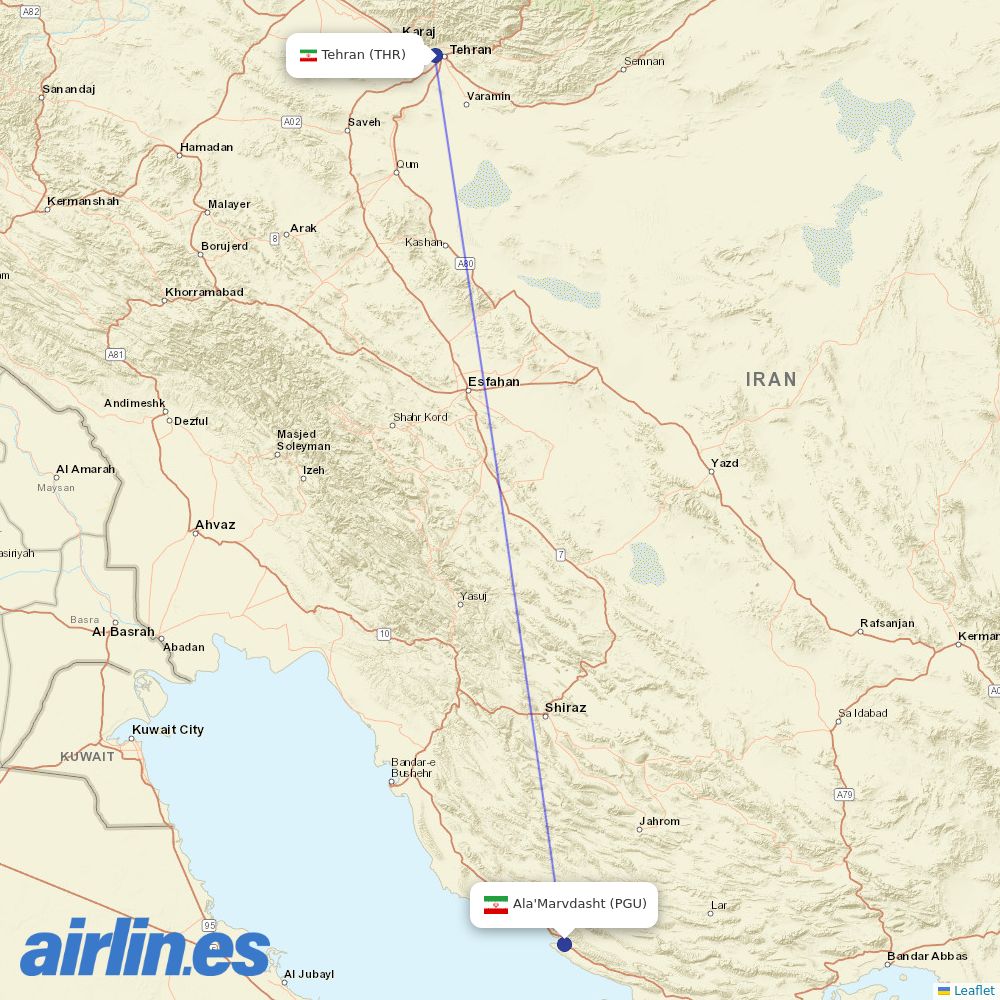Iran Aseman Airlines from Ala'Marvdasht Airport destination map