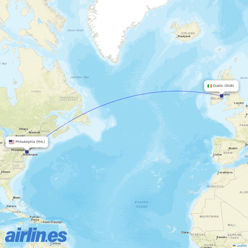 Aer Lingus from Philadelphia International Airport destination map