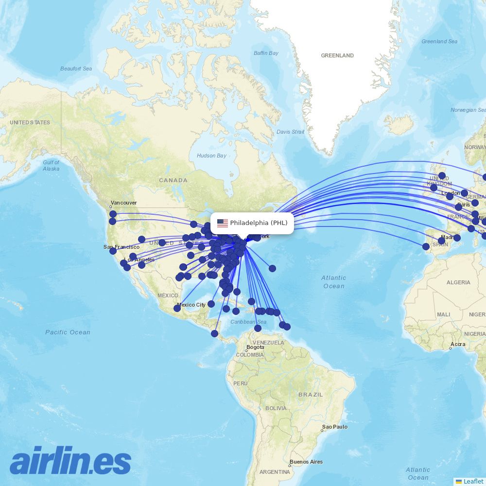 Frontier Airlines from Philadelphia International Airport destination map