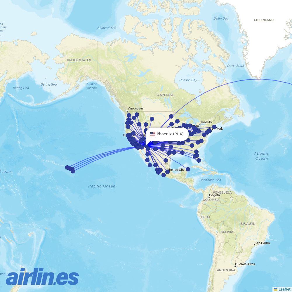 American Airlines at PHX route map