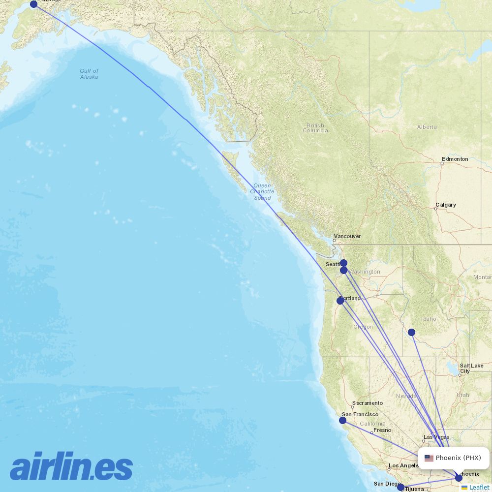 Alaska Airlines from Phoenix Sky Harbor International destination map