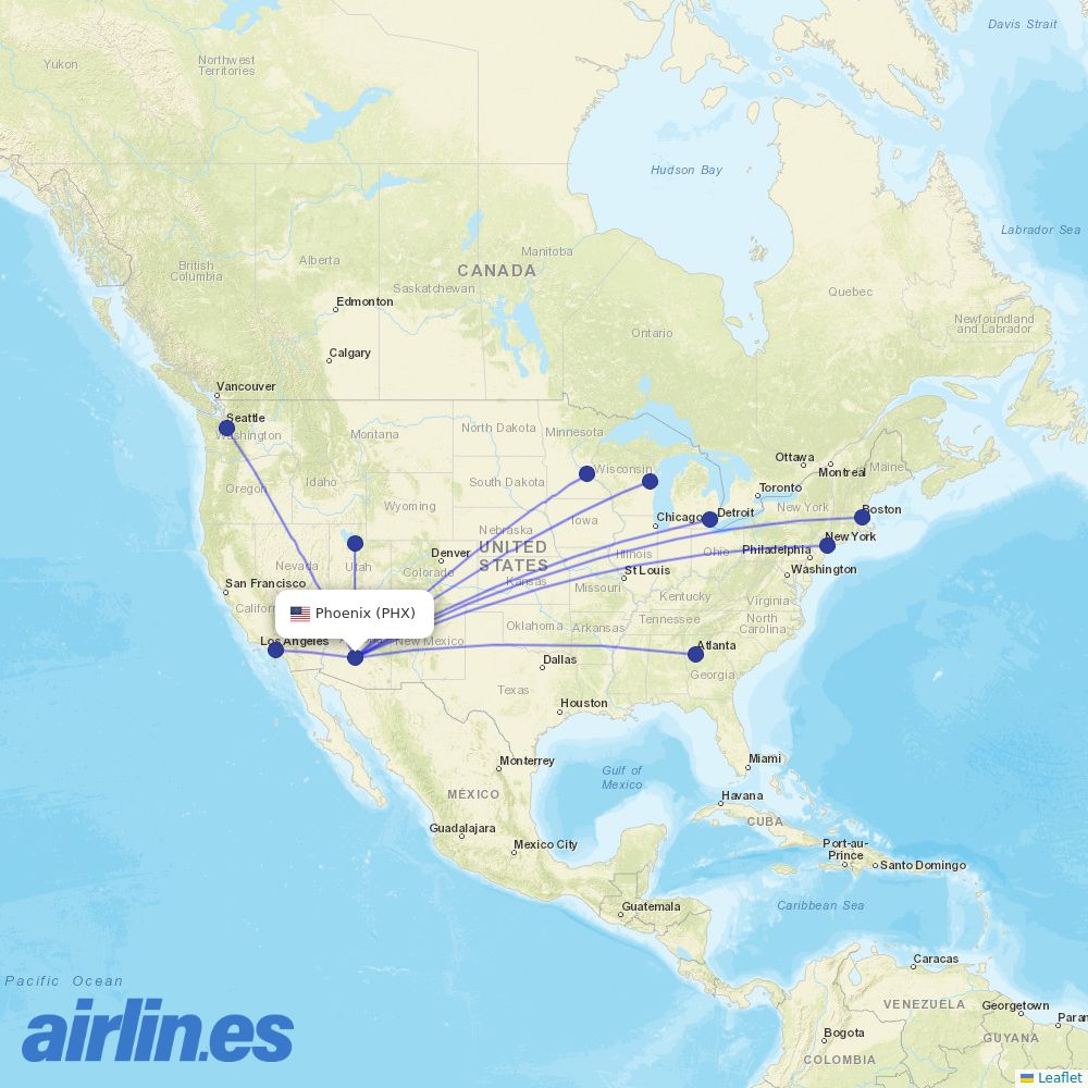 Delta Air Lines from Phoenix Sky Harbor International destination map