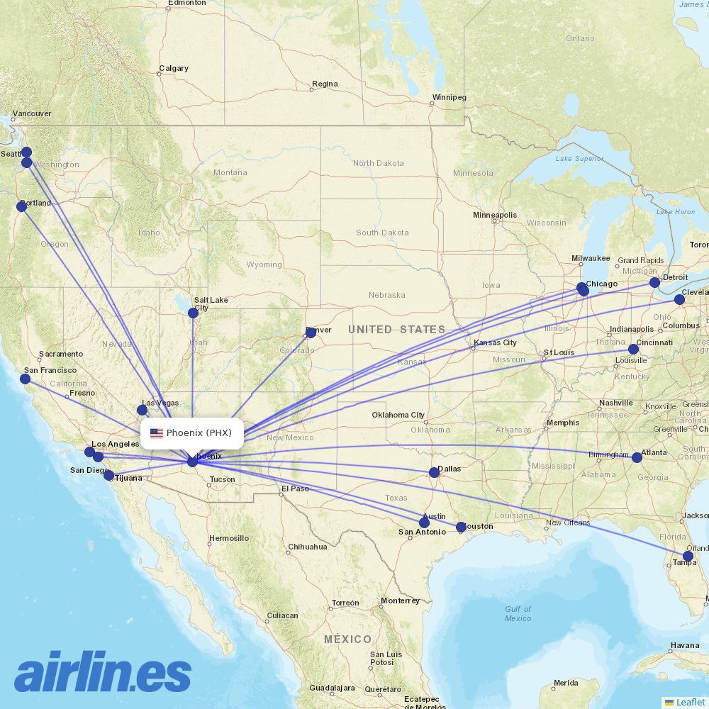 Frontier Airlines from Phoenix Sky Harbor International destination map