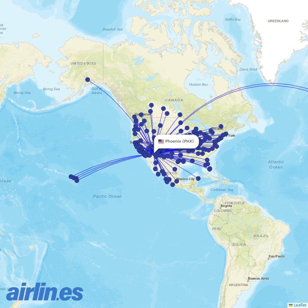 United Airlines from Phoenix Sky Harbor International destination map