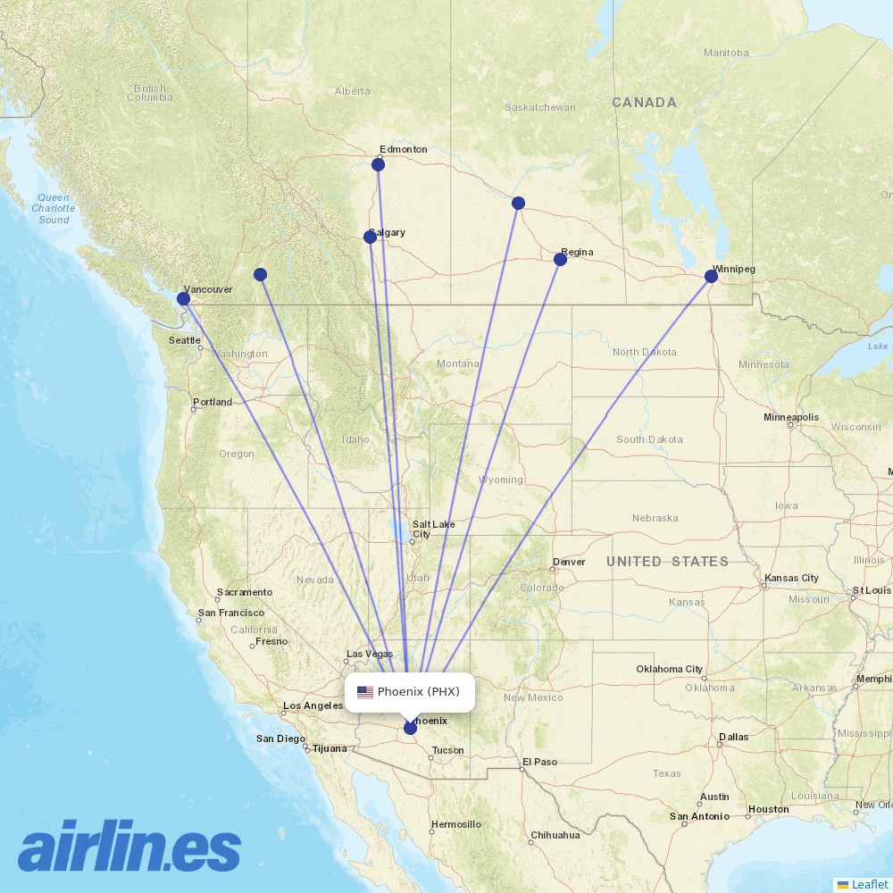 WestJet from Phoenix Sky Harbor International destination map