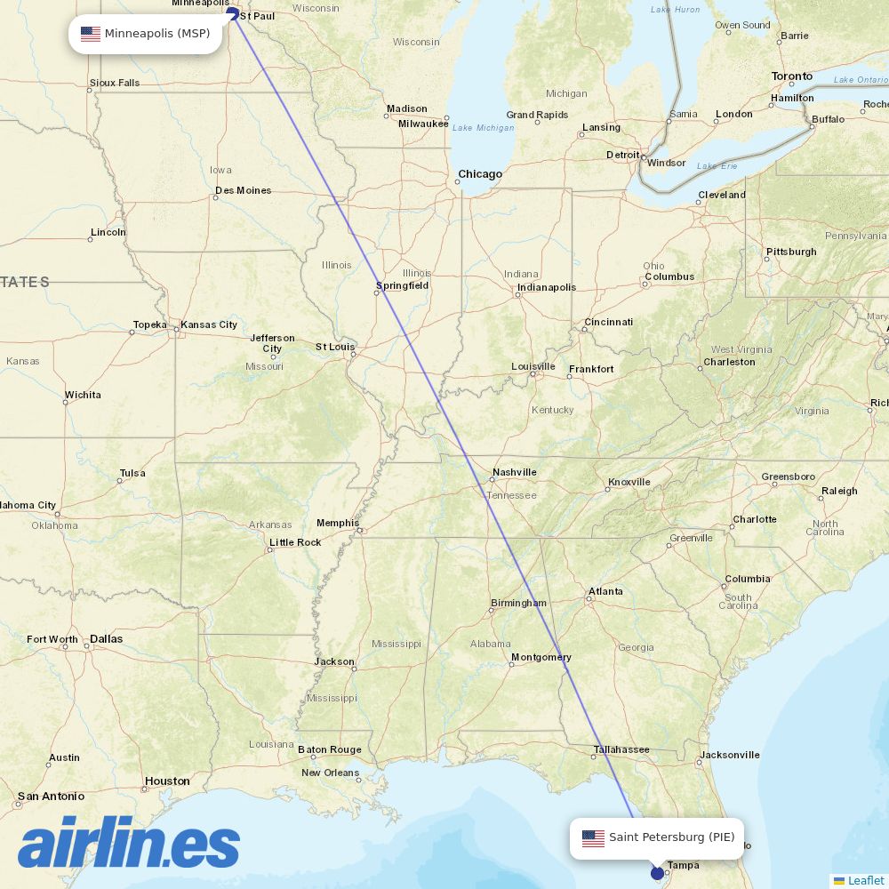 Sun Country Airlines from St. Pete–Clearwater International Airport destination map