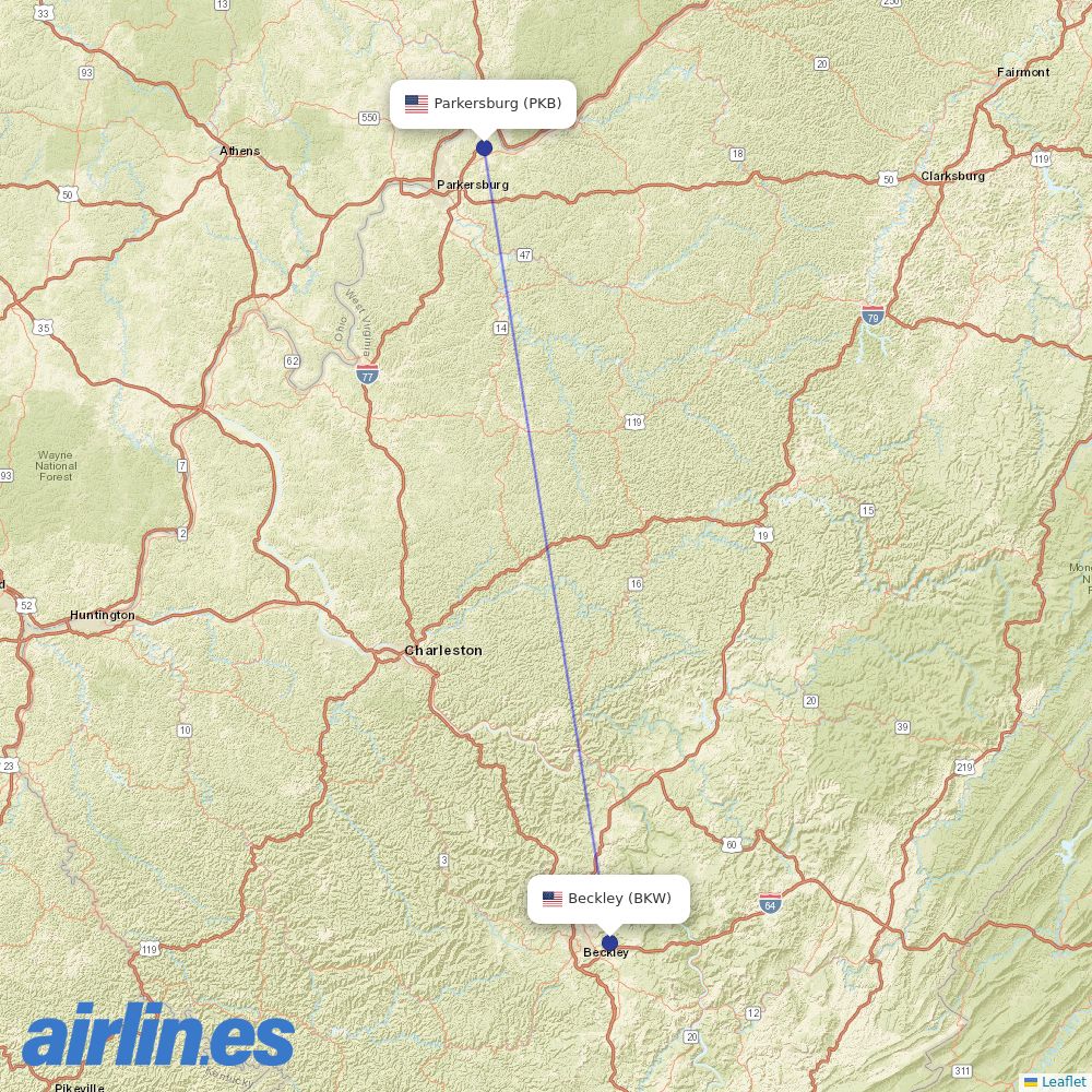Contour Aviation from Mid-Ohio Valley Regional Airport destination map