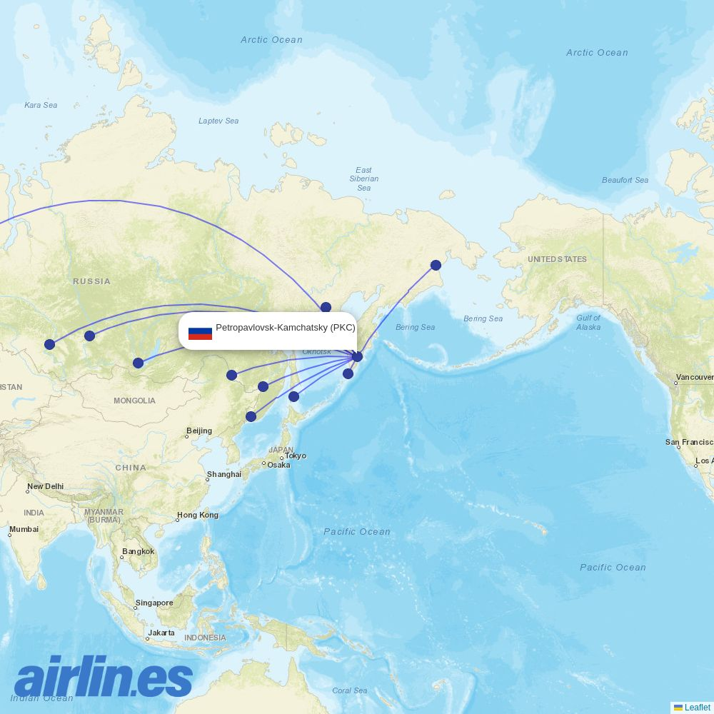 IrAero from Petropavlovsk-Kamchatsky Airport destination map