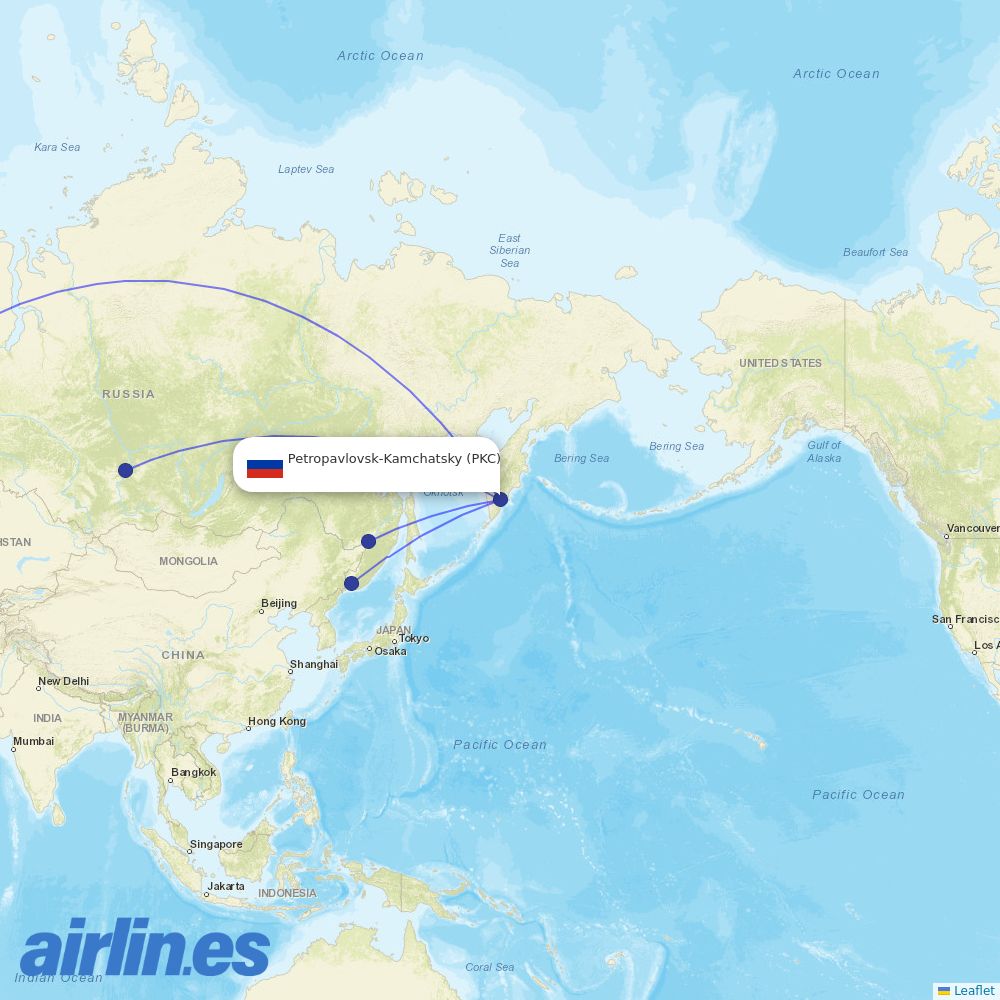 Aeroflot from Petropavlovsk-Kamchatsky Airport destination map