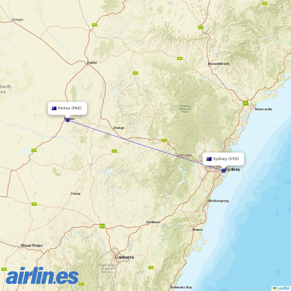 Rex Airlines from Parkes Airport destination map