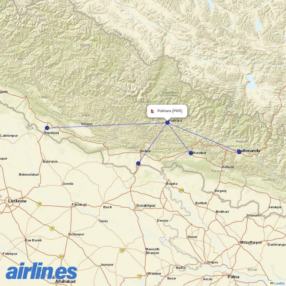 Buddha Air from Pokhara destination map