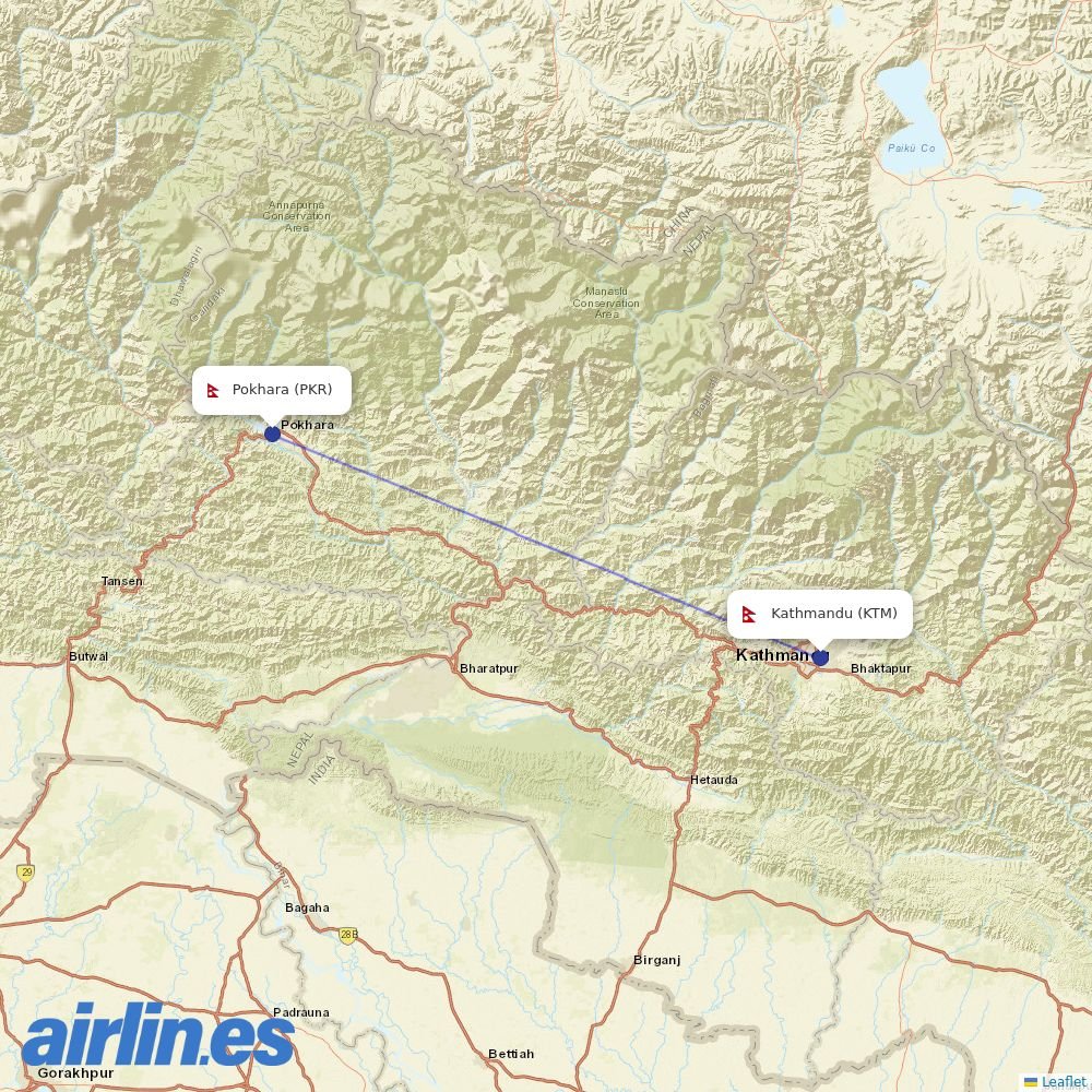 Yeti Airlines from Pokhara destination map