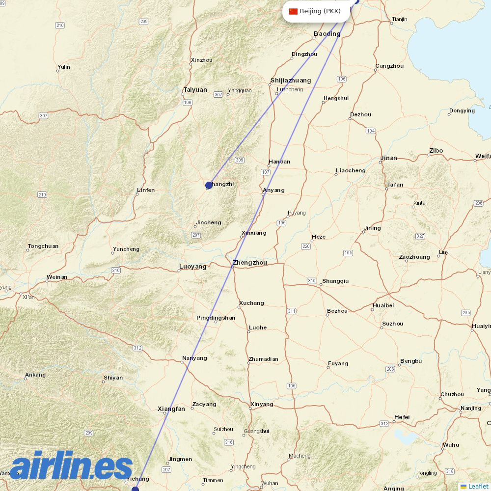 Donghai Airlines from Daxing International Airport destination map