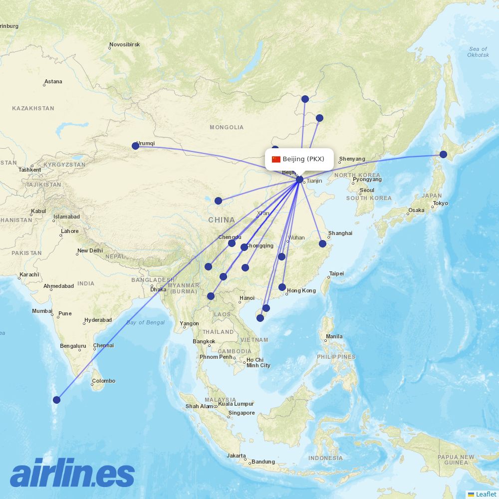 Beijing Capital Airlines from Daxing International Airport destination map