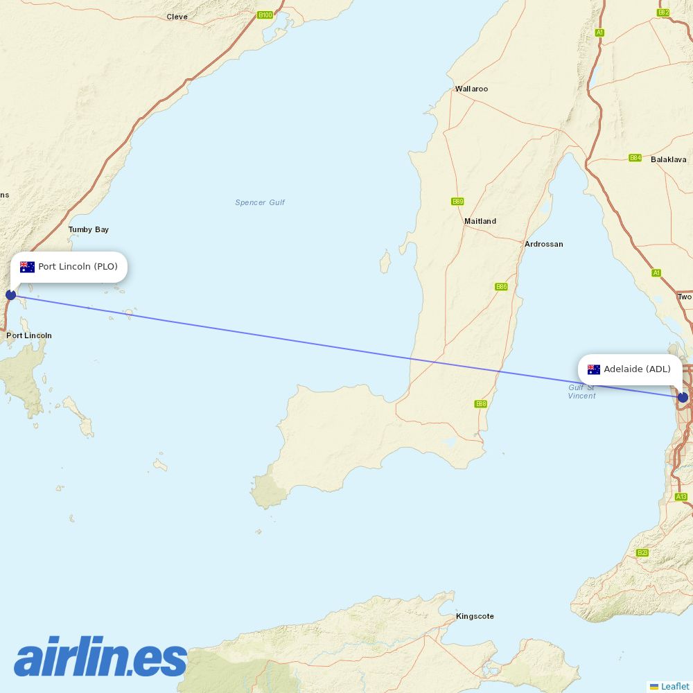 Qantas from Port Lincoln destination map