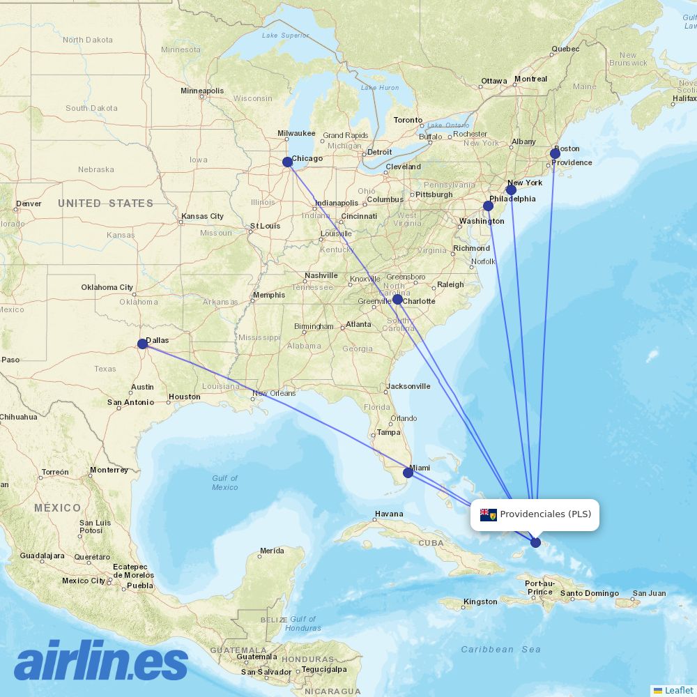 American Airlines from Providenciales destination map