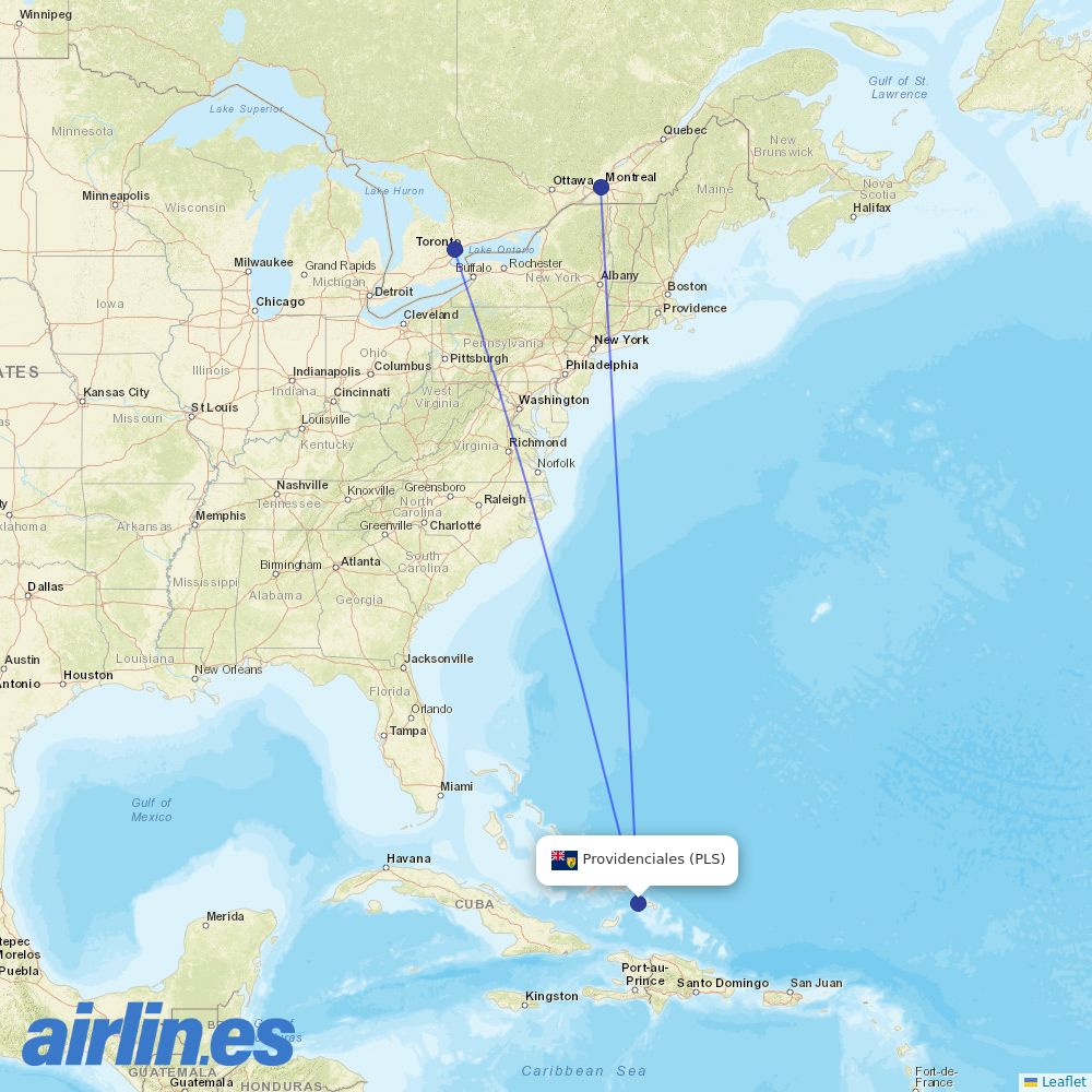 Air Canada from Providenciales destination map
