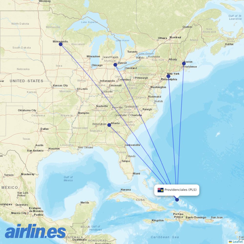 Delta Air Lines from Providenciales destination map