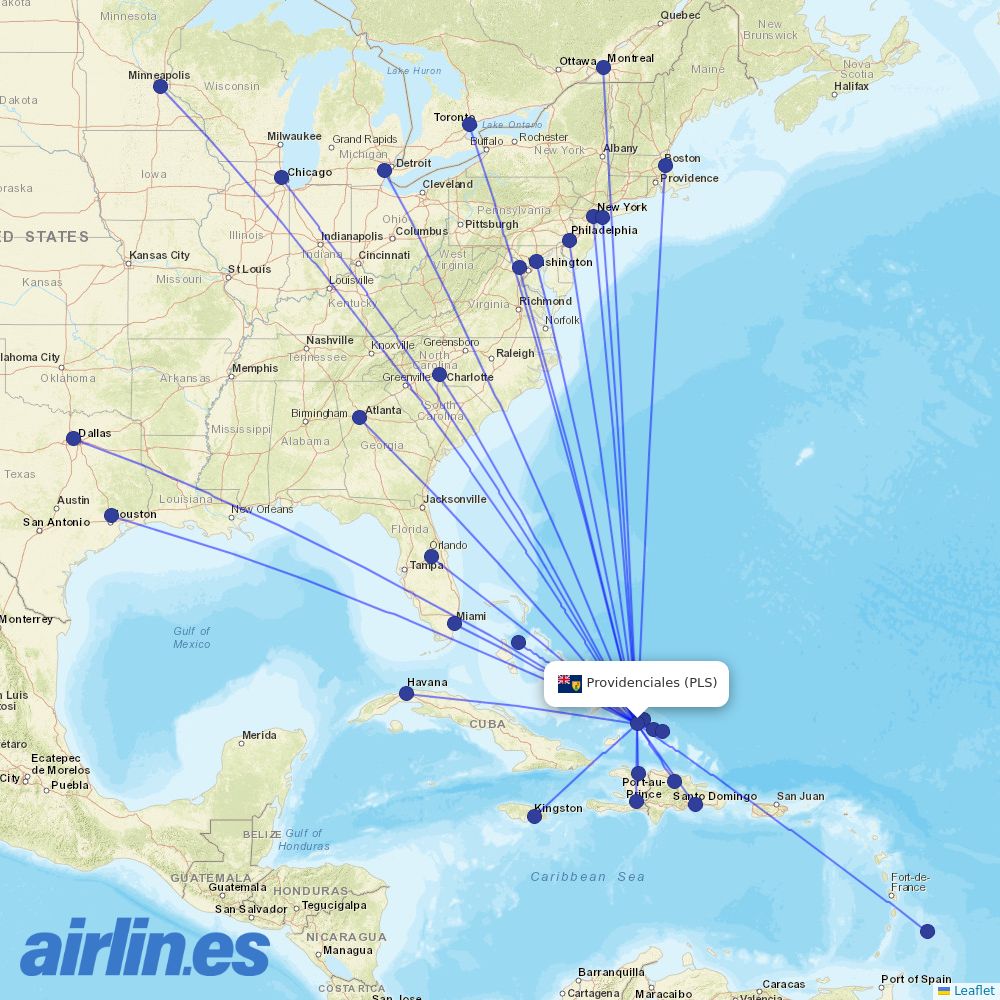 United Airlines from Providenciales destination map