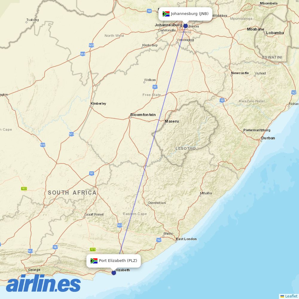 CemAir from Port Elizabeth destination map