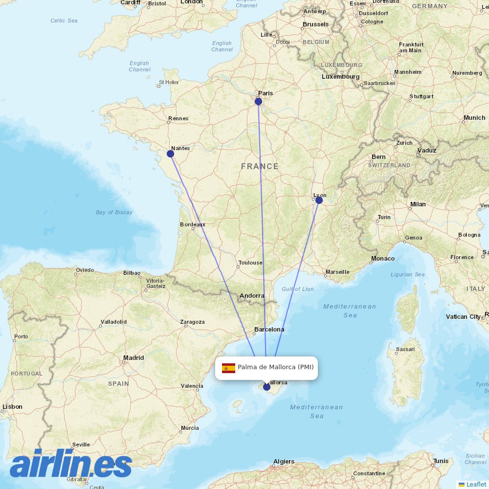 Transavia France from Palma De Mallorca Airport destination map