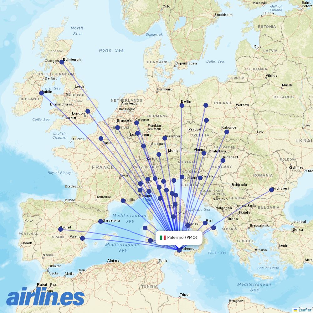 Ryanair from Falcone Borsellino Airport destination map