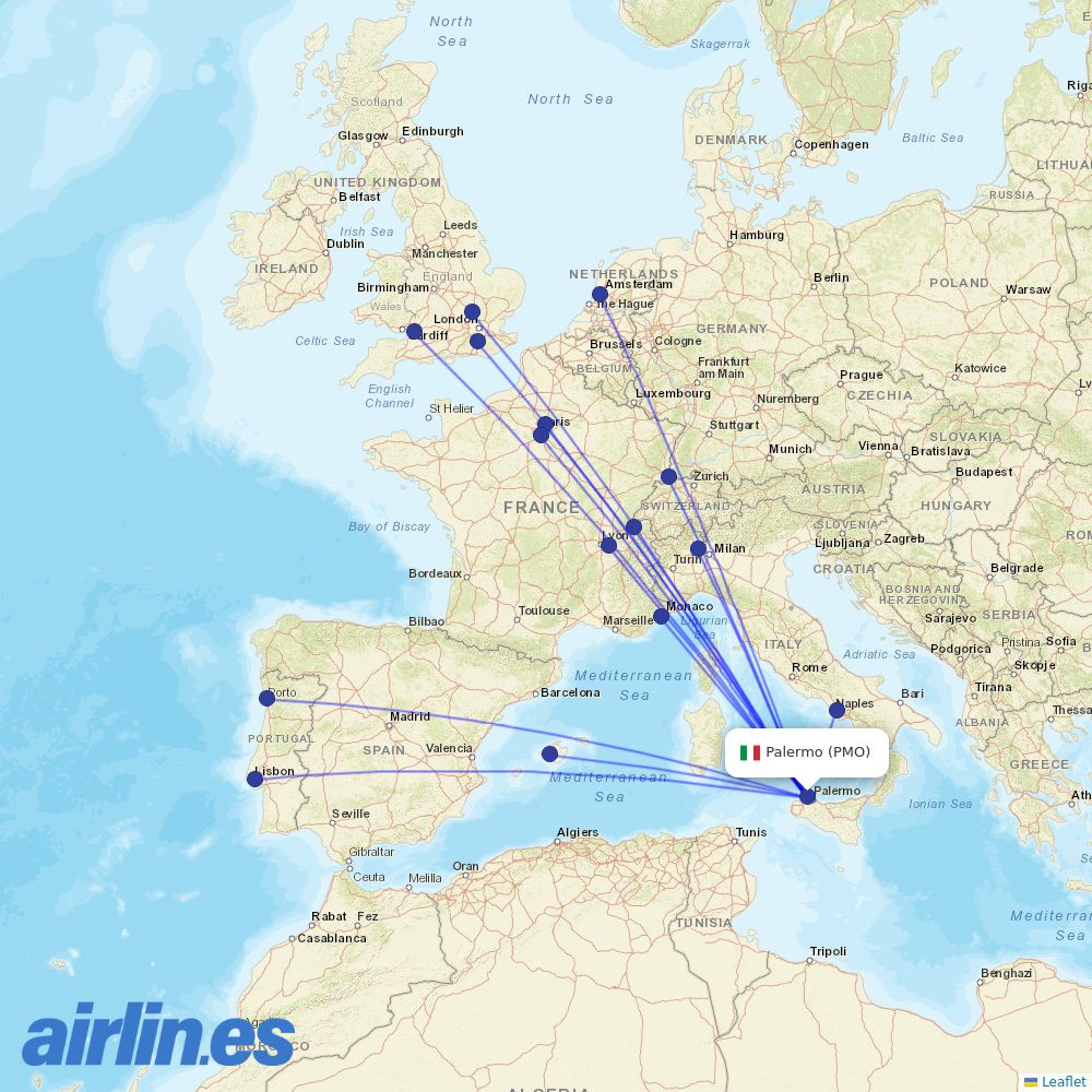 easyJet from Falcone Borsellino Airport destination map
