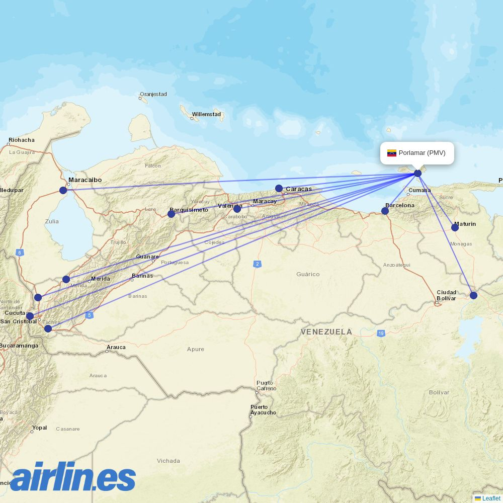 Turpial Airlines from Del Caribe International Gen Santago Marino destination map