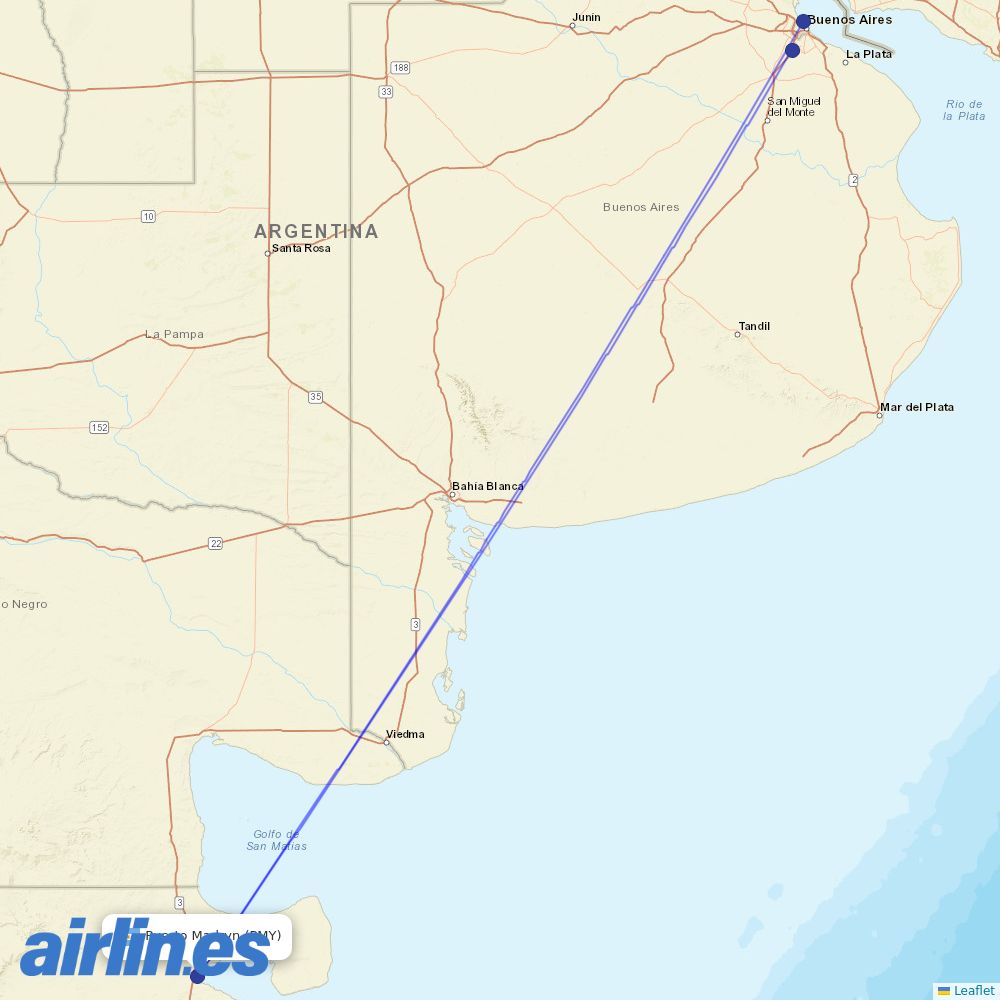 Aerolineas Argentinas from El Tehuelche destination map
