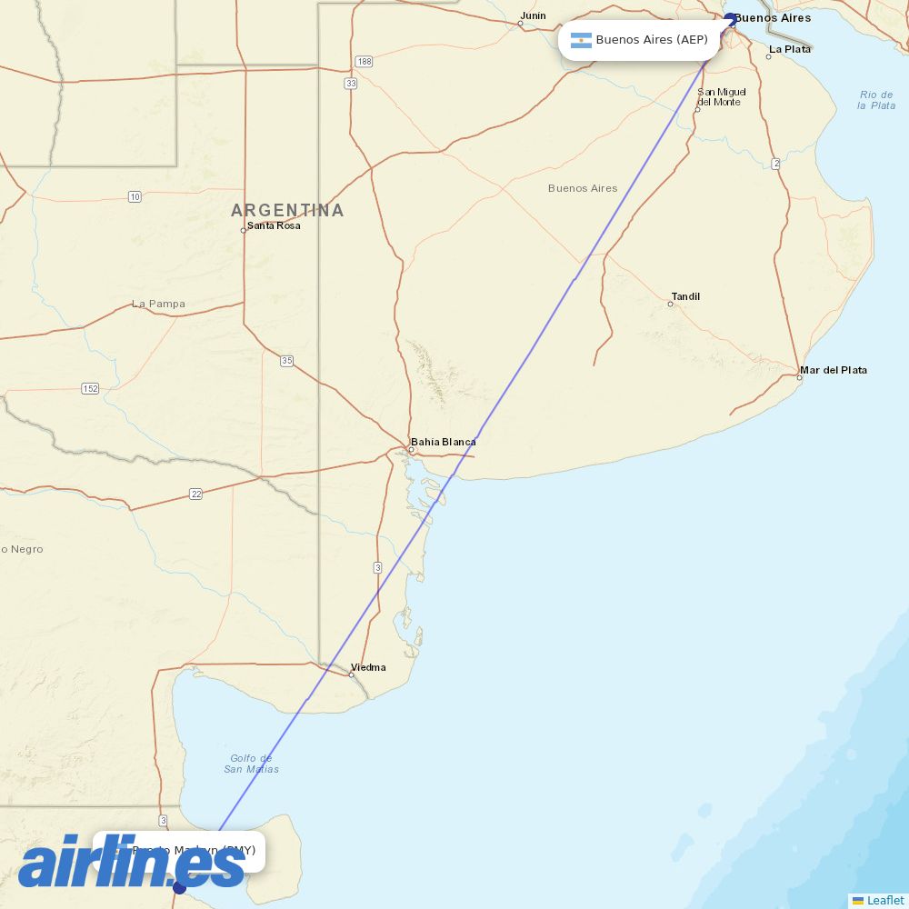 Felix Airways from El Tehuelche destination map