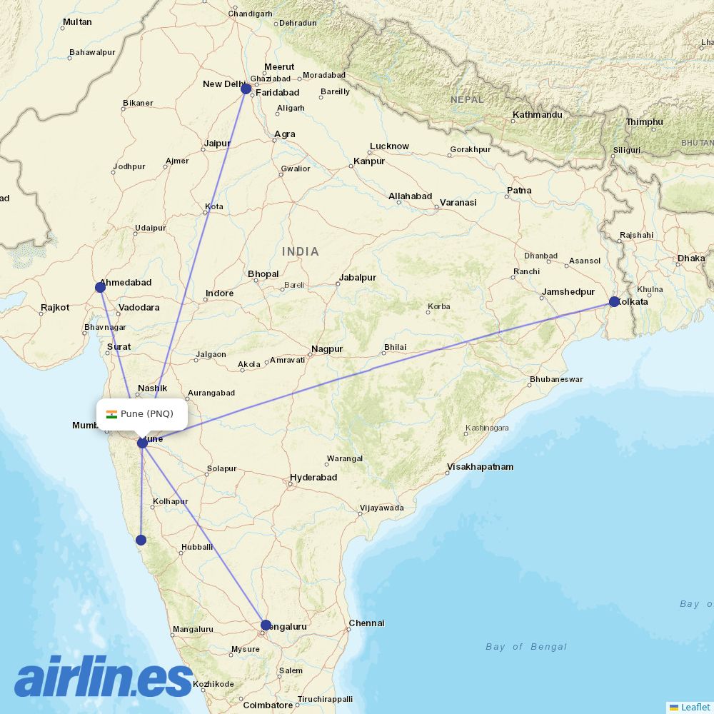 Akasa Air from Pune destination map