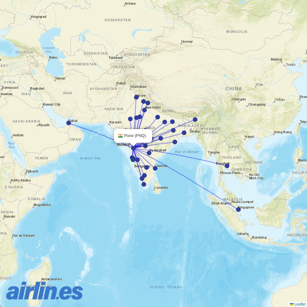 Star Air from Pune destination map