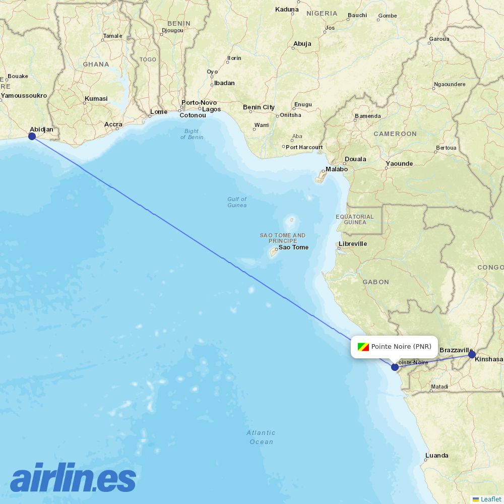 Air Cote DIvoire from Pointe Noire destination map