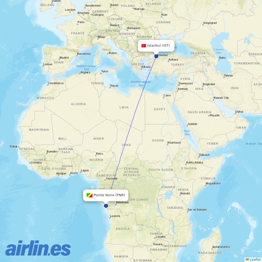 Turkish Airlines from Pointe Noire destination map