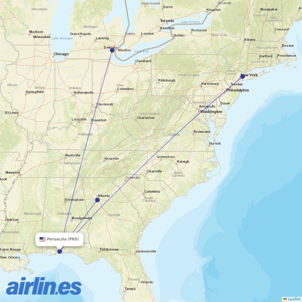 Delta Air Lines from Pensacola Rgnl destination map