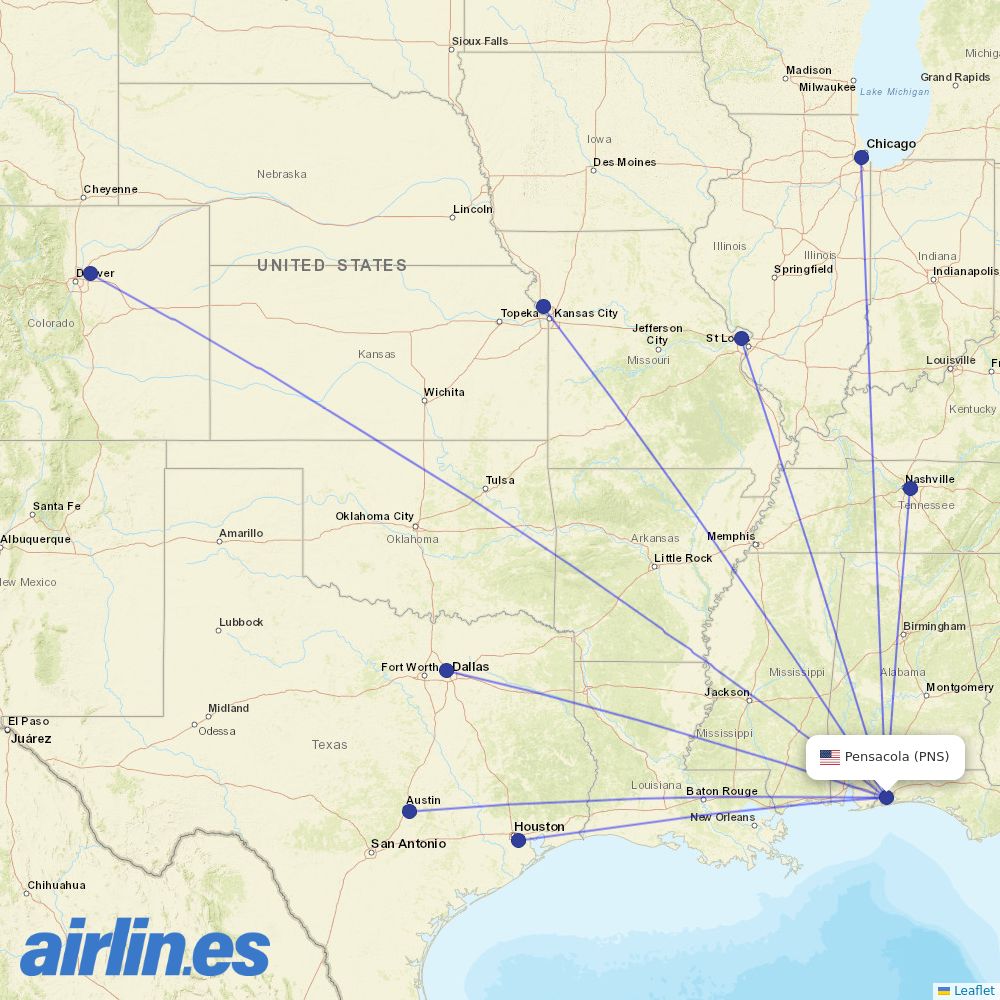 Southwest Airlines from Pensacola Rgnl destination map