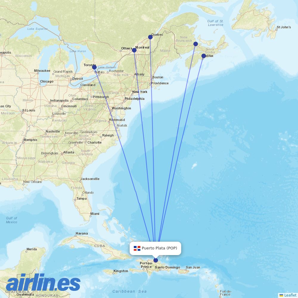 WestJet from Gregorio Luperon International destination map