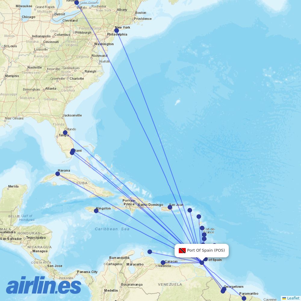 Caribbean Airlines at POS route map